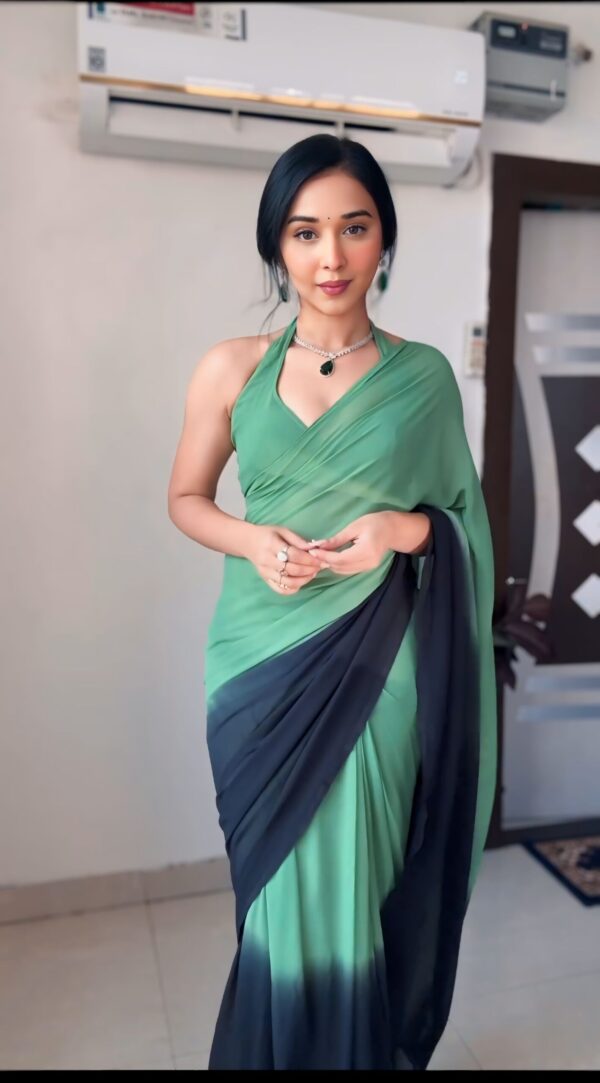 Green To Black Ombre Effect Georgette Ready To Wear Saree With Unstitched Blouse