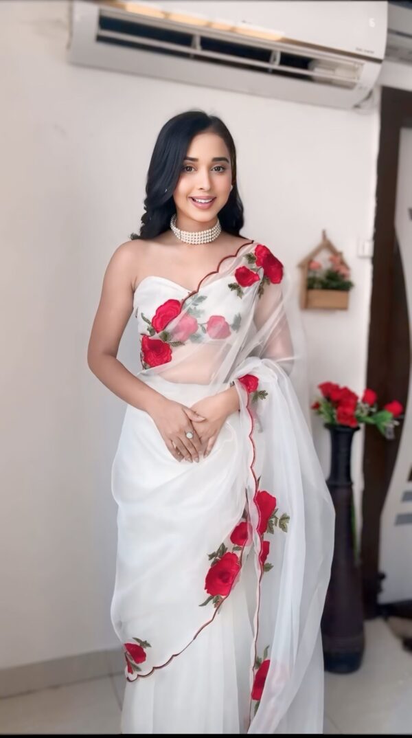 White Organza Red Rose Floral Print Ready To Wear Saree With Unstitched Blouse - Image 8
