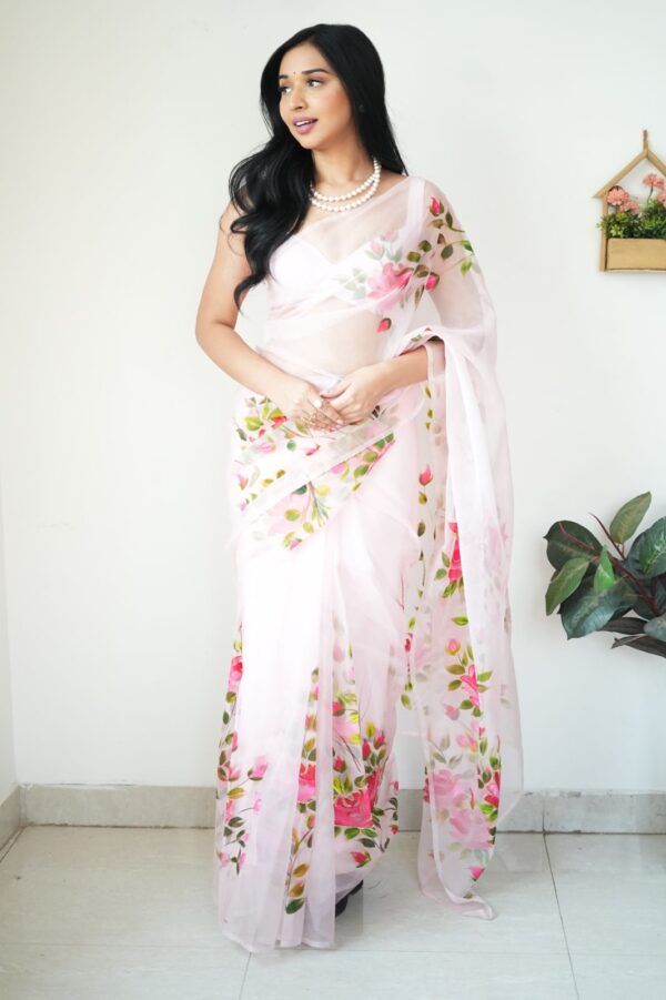 Baby Pink And Hand-painted Style Floral Prints Organza Ready To Wear Saree With Unstitched Blous - Image 7