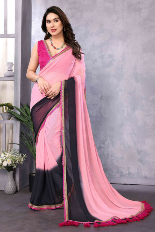 Peach And Black Color Georgette Golden Lace Border Ready To Wear Saree With Unstitched Blouse
