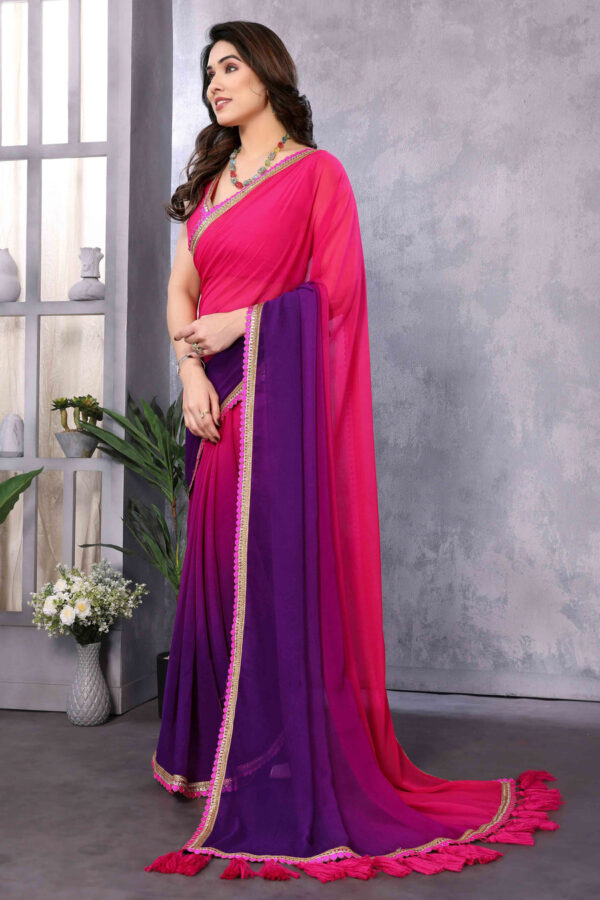 Pink And Purple Color Georgette Golden Lace Border Ready To Wear Saree With Unstitched Blouse - Image 3