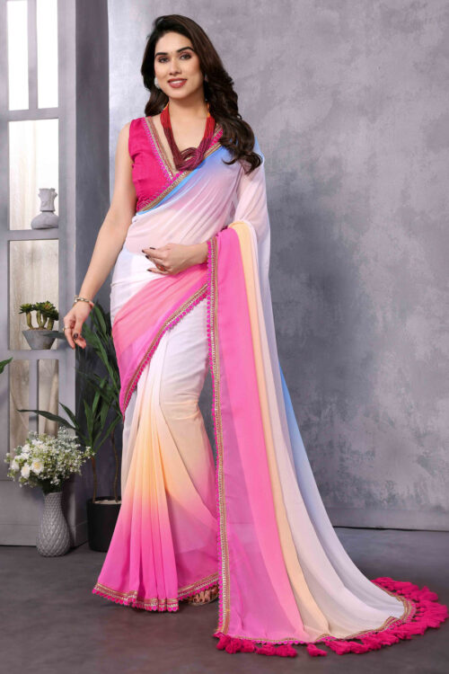 White And Pink Color Georgette Golden Lace Border Ready To Wear Saree With Unstitched Blouse