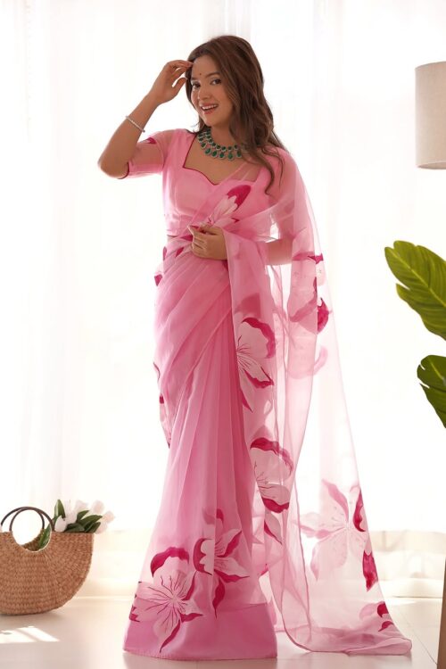 Pink Organza Saree With Bold Floral Prints Ready To Wear Saree With Unstitched Blouse