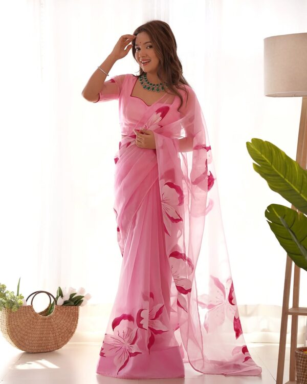 Pink Organza Saree With Bold Floral Prints Ready To Wear Saree With Unstitched Blouse