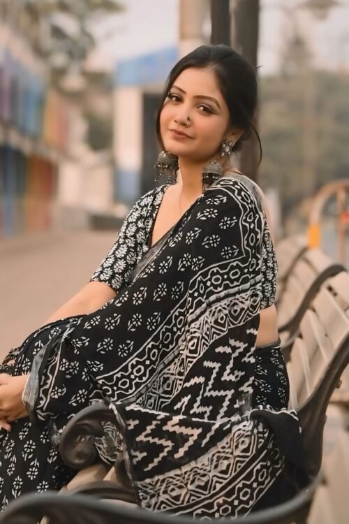 Black Color Soft Linen Bagru Print Ready To Wear Saree With Unstitched Blouse