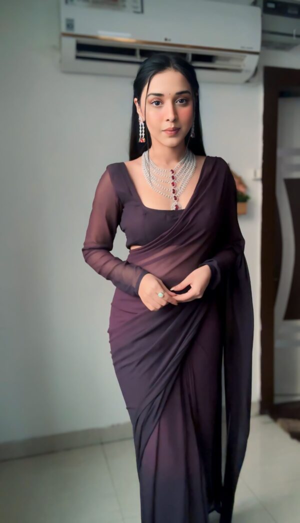 Wine-purple Shade Plain Elegant Design Georgette Ready To Wear Saree With Unstitched Blouse - Image 4