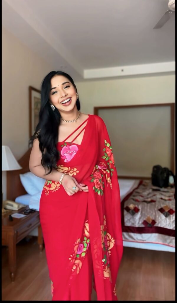 Red Color And Large Pink Floral Prints Georgette Ready To Wear Saree With Unstitched Blouse - Image 6