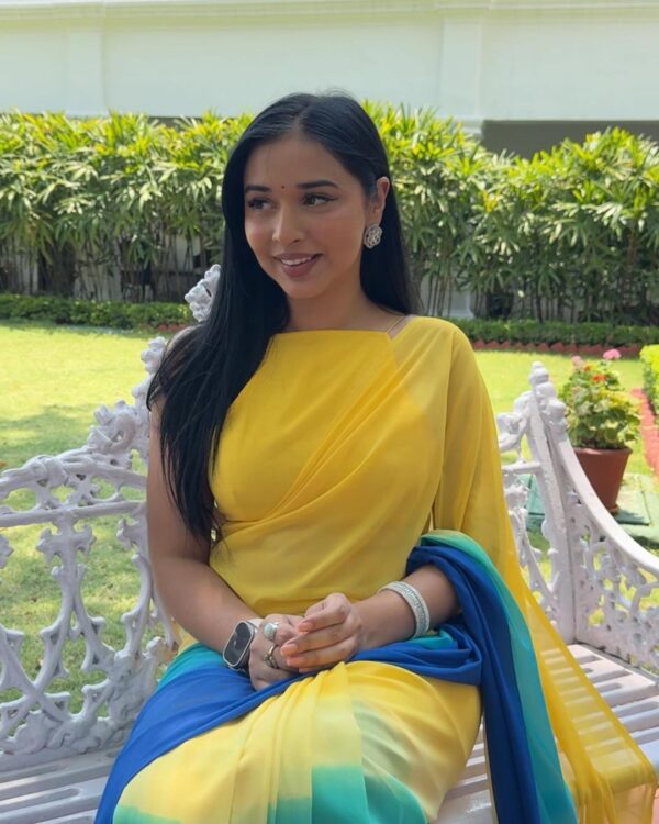Yellow, Green, And Blue Shades Ombre Gradient Georgette Ready To Wear Saree With Unstitched Blouse - Image 6