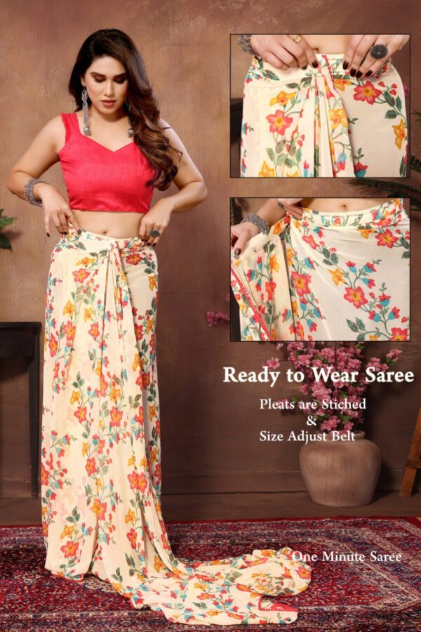 Cream Floral Print Georgette Ready To Wear Saree With Unstitched Blouse - Image 3