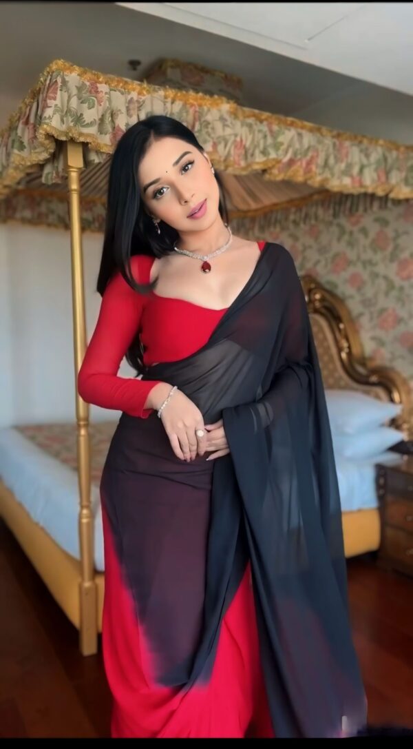 Red Black Ombre Effect Georgette Ready To Wear Saree With Unstitched Blouse - Image 6