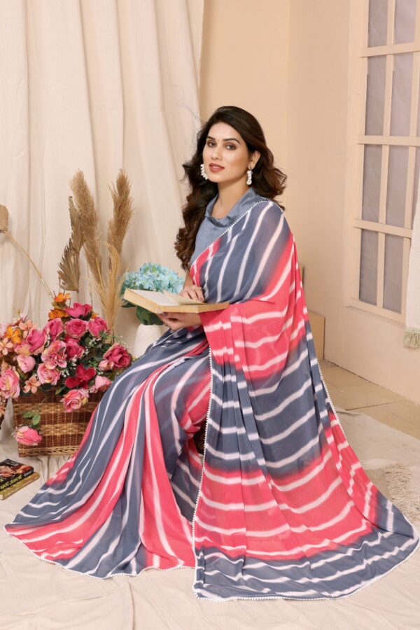 Red, White, And Navy Blue Striped Pattern Georgette Ready To Wear Saree With Unstitched Blouse - Image 4