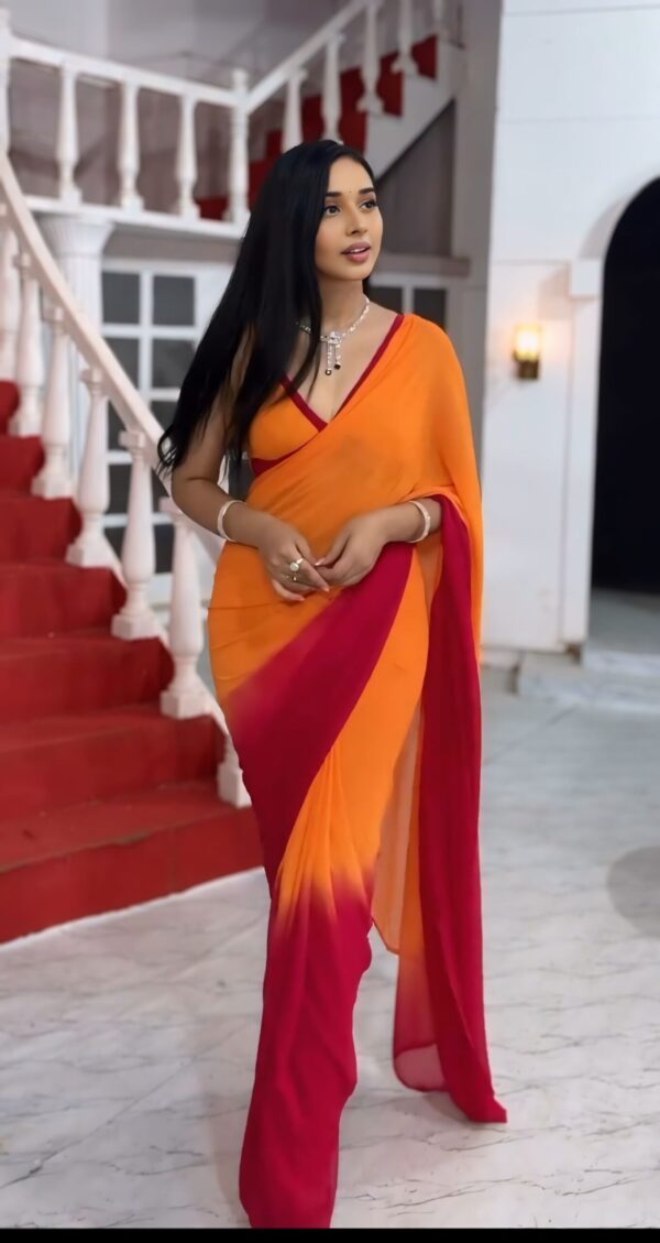 Orange And Red Color Combination With A Plain Yet Elegant Design  Georgette Ready To Wear Saree With Unstitched Blouse - Image 7