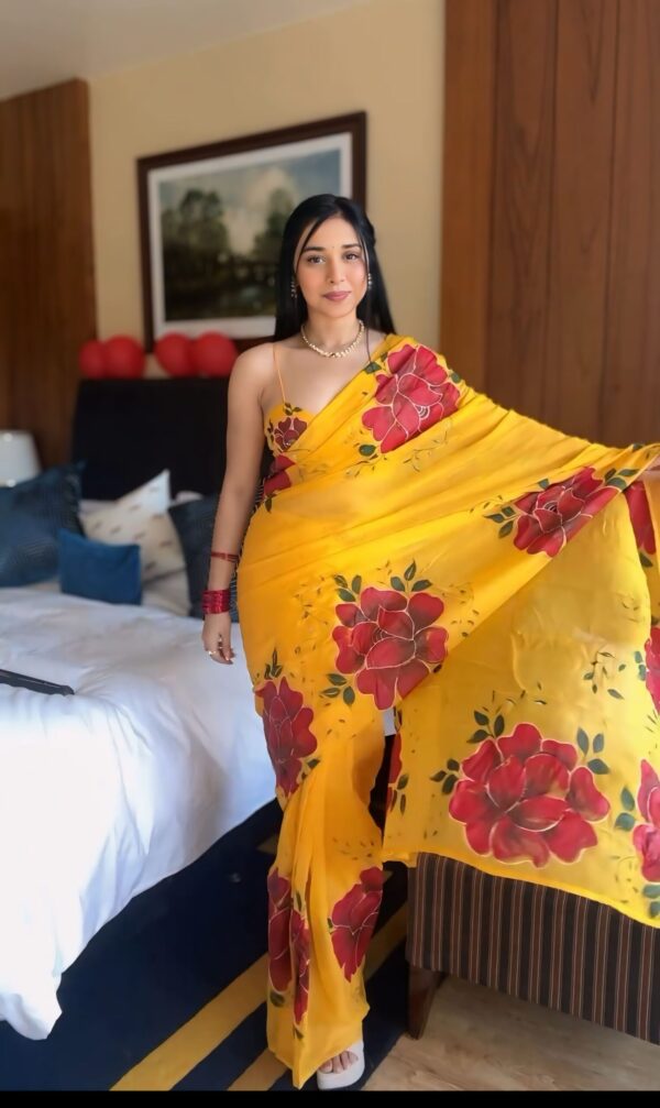 Yellow Color, Featuring Bold Red Floral Prints  Georgette Ready To Wear Saree With Unstitched Blouse - Image 6