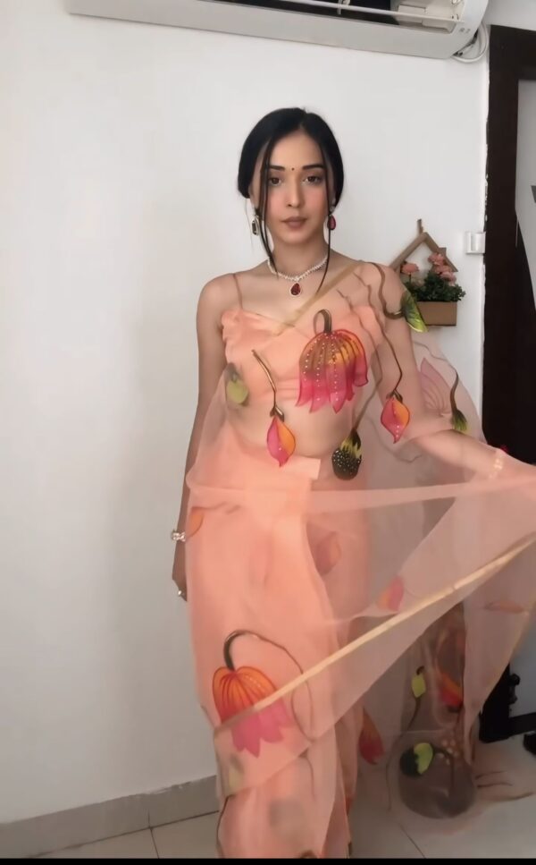 Peach Shade Hand-painted Floral Prints Organza Ready To Wear Saree With Unstitched Blouse - Image 5
