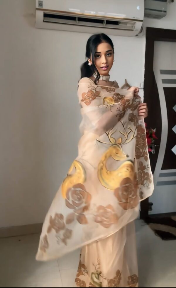 Pastel Beige Shade With Brown And Mustard Floral Prints Organza Ready To Wear Saree With Unstitched Blouse - Image 5