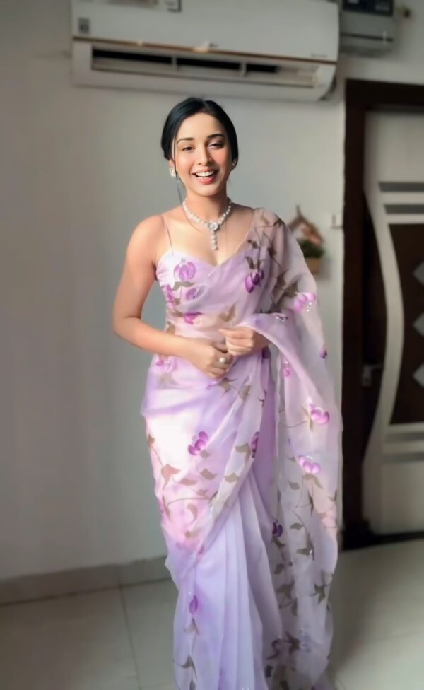 Pastel Lavender Shade With Delicate Purple Floral Prints Organza Ready To Wear Saree With Unstitched Blouse - Image 6