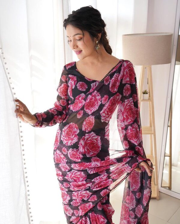 Black Base Color With Bold Pink Rose Floral Prints Georgette Ready To Wear Saree With Unstitched Blouse - Image 5