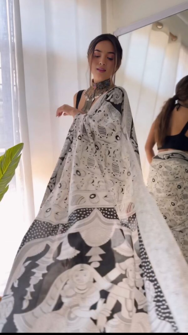 White And Black Handpainted Madhubani Art Motifs Georgette Ready To Wear Saree With Unstitched Blouse - Image 6
