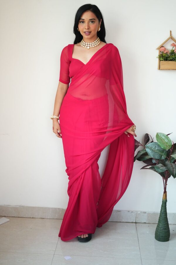 Red And Pink ,Omber Print Georgette Ready To Wear Saree With Unstitched Blouse - Image 6