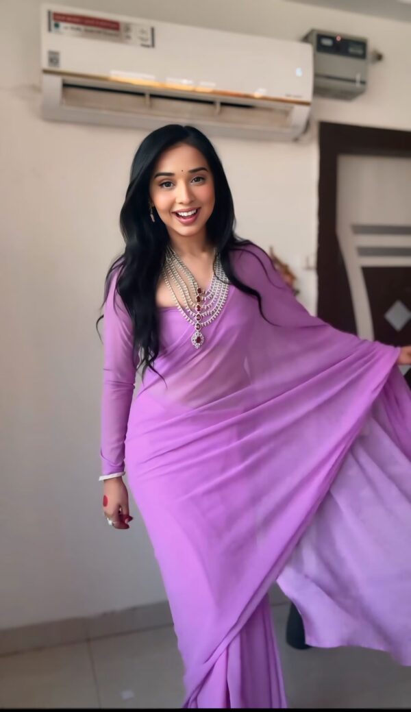Lavender Color,Plain Elegant Georgette Ready To Wear Saree With Unstitched Blouse - Image 5