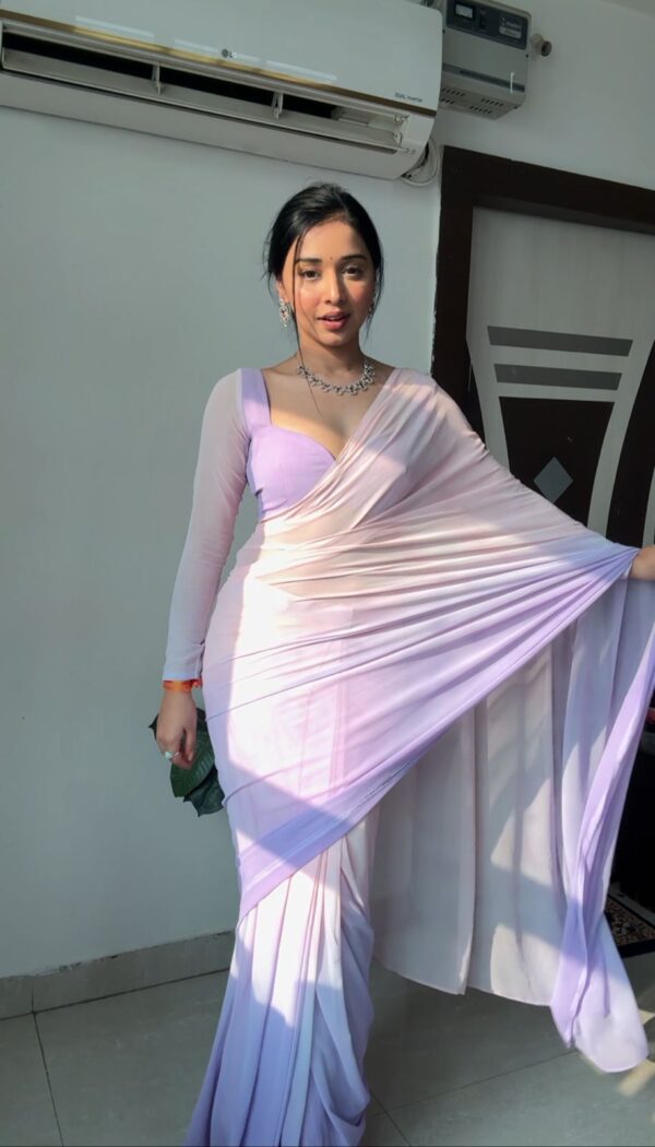 Pastel Pink & Lilac Ombre tone Georgette Ready To Wear Saree With Unstitched Blouse - Image 6