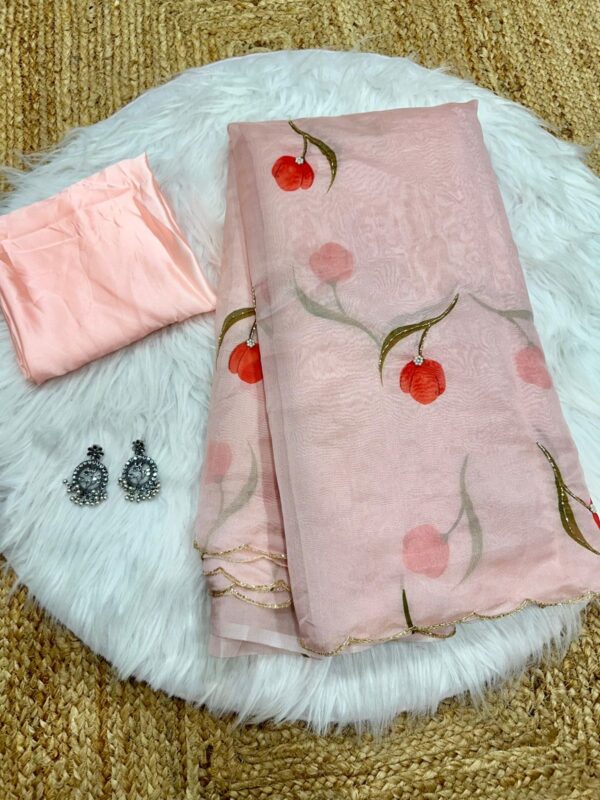 Peach Organza Saree With Red Floral Prints Ready To Wear Saree With Unstitched Blouse - Image 5