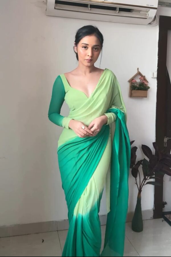 Light Green And Dark Green Color Ombre Saree Georgette Ready To Wear Saree With Unstitched Blouse - Image 6