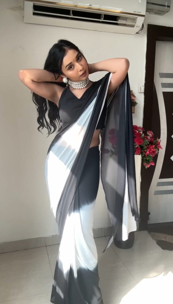 Black And White Omber paint Georgette Ready To Wear Saree With Unstitched Blouse - Image 7