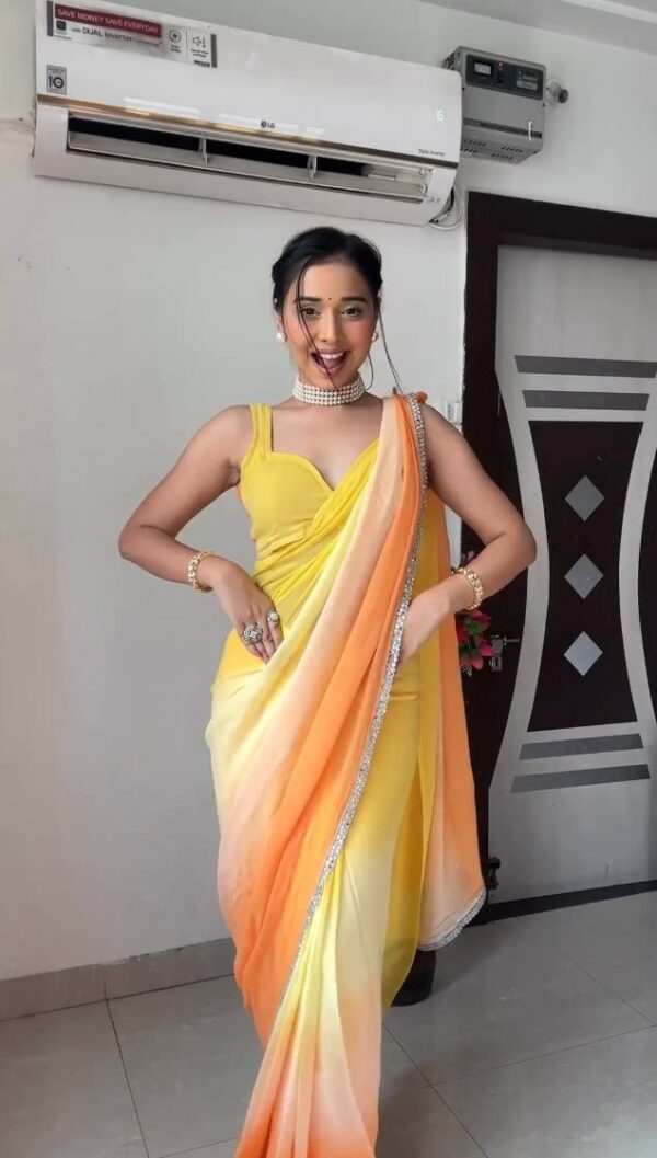 Lemon Yellow To Orange Ombré Shades Georgette Ready To Wear Saree With Unstitched Blouse - Image 6