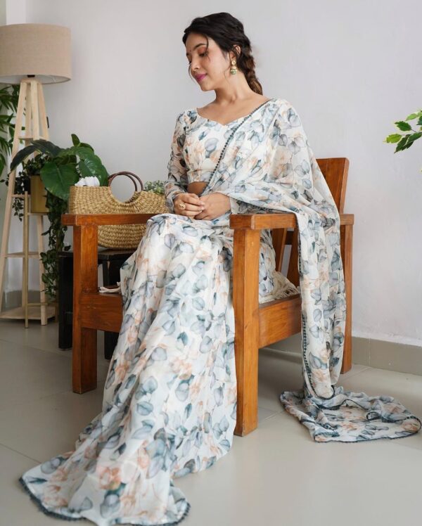 Blue, Grey, And Beige Omber Pattern Georgette Ready To Wear Saree With Unstitched Blouse - Image 7