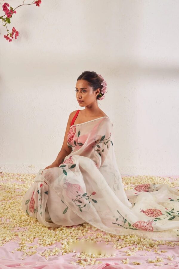 Cream Color Organza Saree Botanical Print Design Ready To Wear Saree With Stitched Blouse - Image 4