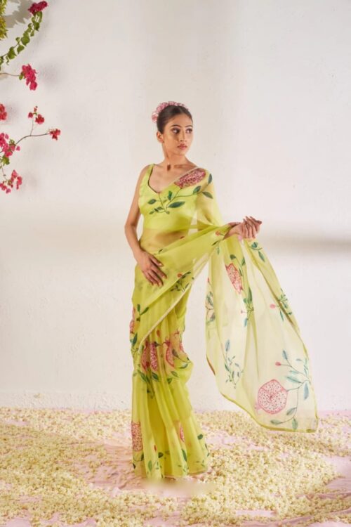 Lime Green Color Organza Saree Botanical Print Design Ready To Wear Saree With Stitched Blouse