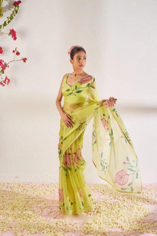 Lime Green Color Organza Saree Botanical Print Design Ready To Wear Saree With Stitched Blouse