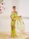 Lime Green Color Organza Saree Botanical Print Design Ready To Wear Saree With Stitched Blouse