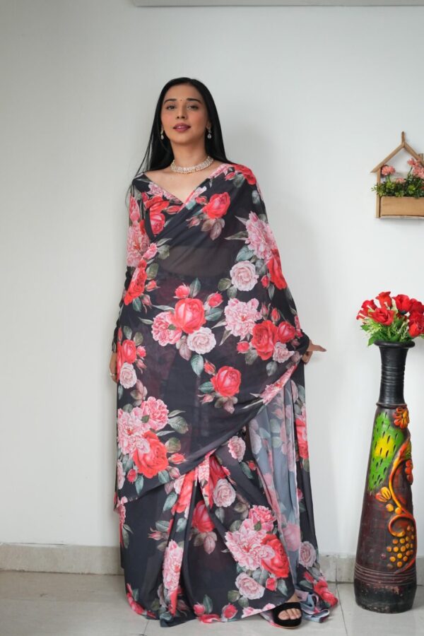 Black Base, Adorned With Bold Red And Pink Floral Prints Georgette Ready To Wear Saree With Unstitched Blouse - Image 5