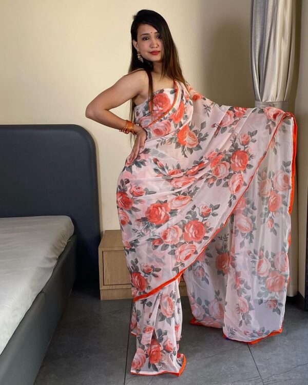 Light White Peach And Grey Rose Floral Prints Georgette Ready To Wear Saree With Unstitched Blouse - Image 6