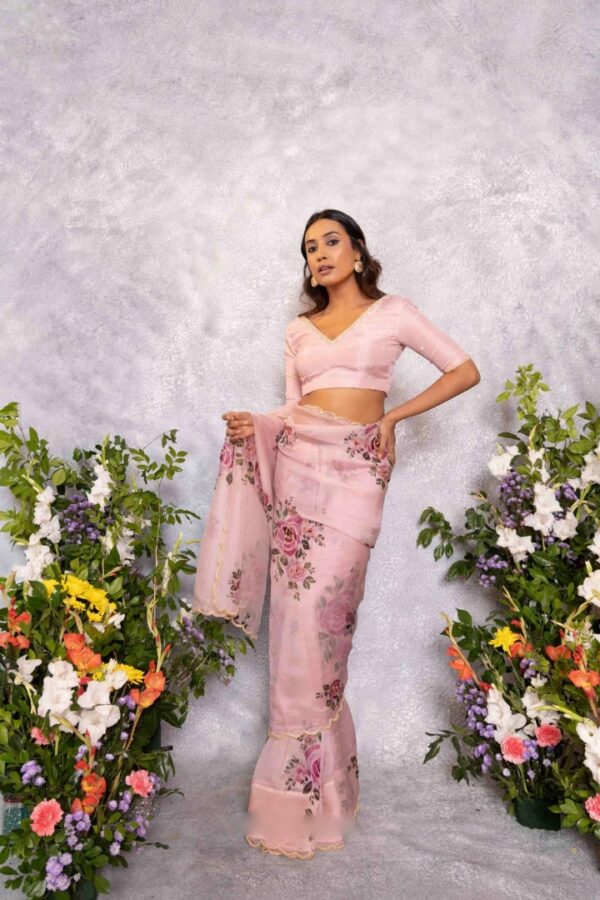 Pink Color Organza Saree Botanical Print Scalloped Golden Border Design Ready To Wear Saree With Stitched Blouse - Image 6