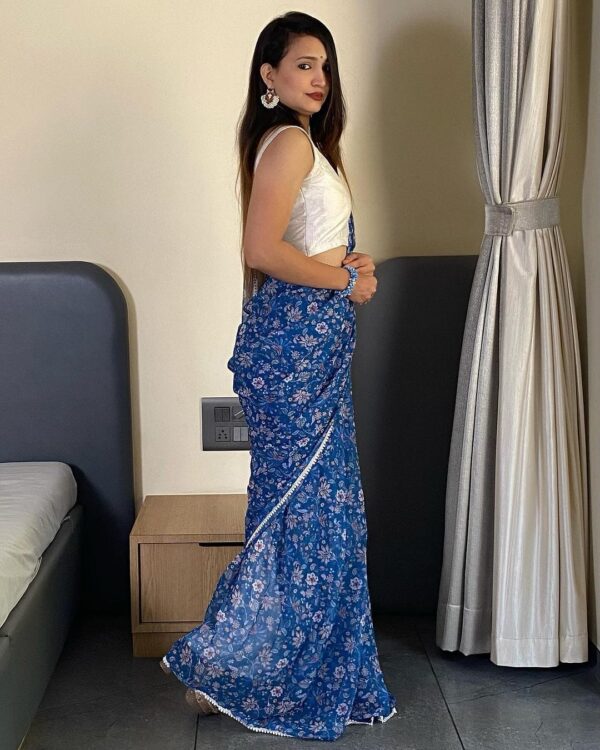 Navy Blue And Multi-color Floral Prints Georgette Ready To Wear Saree With Unstitched Blouse - Image 5