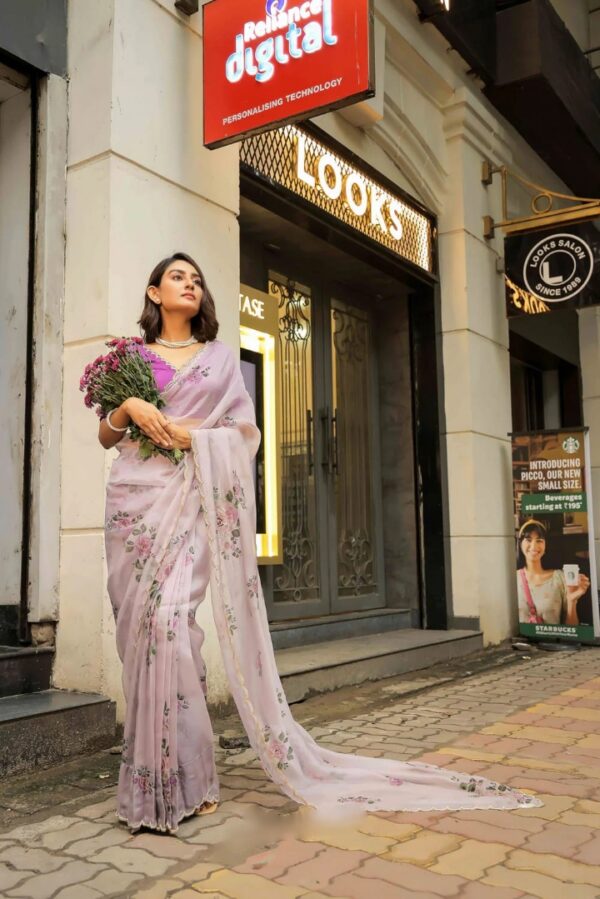 Lavender Color Organza Saree Botanical Print Scalloped Golden Border Design Ready To Wear Saree With Stitched Blouse - Image 6