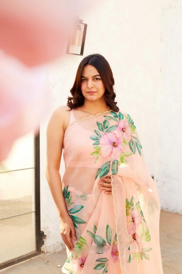 Peach Color Organza Saree Botanical Print Scalloped Golden Border Design Ready To Wear Saree With Stitched Blouse - Image 5