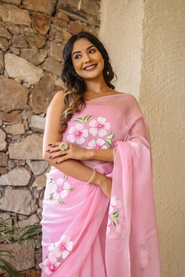 Pink Georgette Multi Colour Flower Ready To Wear Saree  With Unstitched Blouse - Image 6