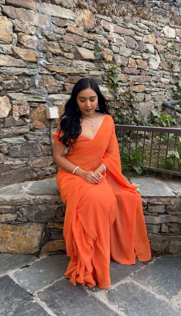 Orange Color, Plain Elegant  Georgette Ready To Wear Saree With Unstitched Blouse - Image 5