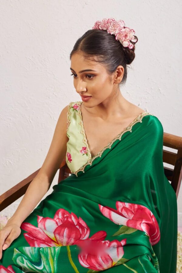 Green Color Satin Saree Botanical Lotus Print Scalloped Golden Border Design Ready To Wear Saree With Stitched Blouse - Image 5