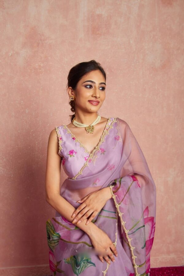 Lavender Color Organza Hand-painted Lotus Motifs In Pink And Green Ready To Wear Saree With Stitched Blouse - Image 5