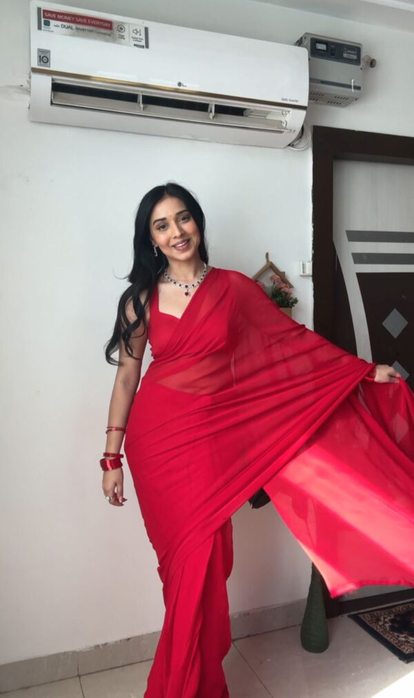 Red Color,Plain Elegant Georgette Ready To Wear Saree With Unstitched Blouse - Image 6