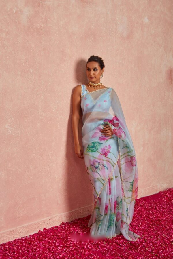 Sky Blue Color Organza Vibrant Multi-colored Lotus Prints Ready To Wear Saree With Stitched Blouse - Image 6