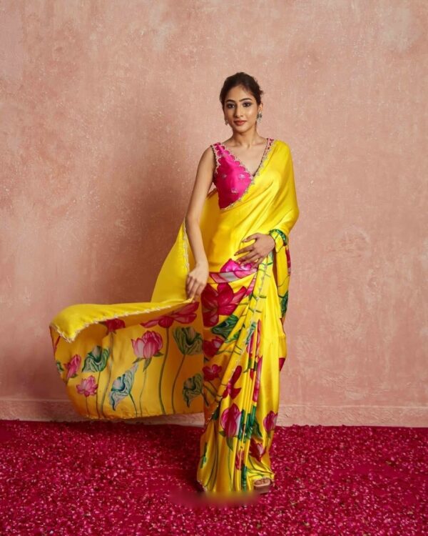 Yellow Color Satin Vibrant Lotus Floral Prints Ready To Wear Saree With Stitched Blouse - Image 5