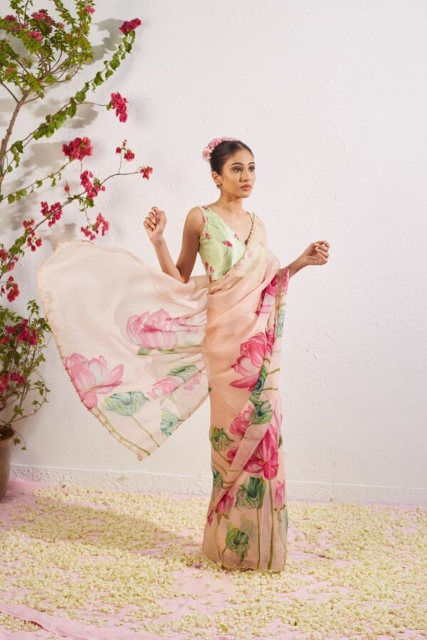 Peach Color Organza Vibrant Lotus Floral Prints Ready To Wear Saree With Stitched Blouse - Image 8