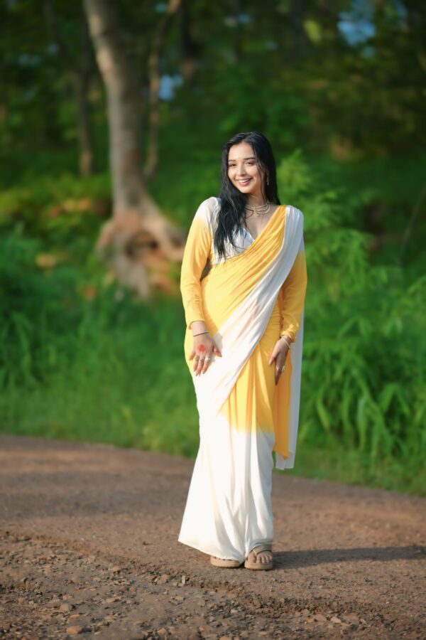 Yellow And White Ready To Wear Saree With Designer Unstitched Blouse - Image 5