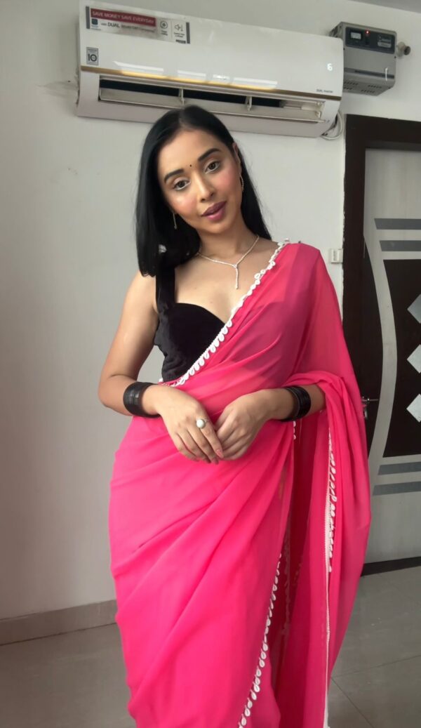 Hot Pink Color Border Solid Design Georgette Ready To Wear Saree With Unstitched Blouse - Image 6